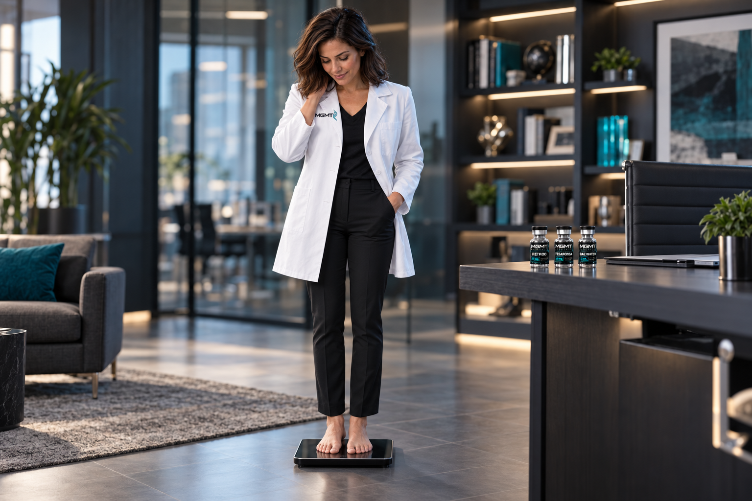 Brunette in an MGMT lab coat looking down while standing on a scale, with RETROD, TESAROSSA and BAC Water vials on a desk in a softly blurred office