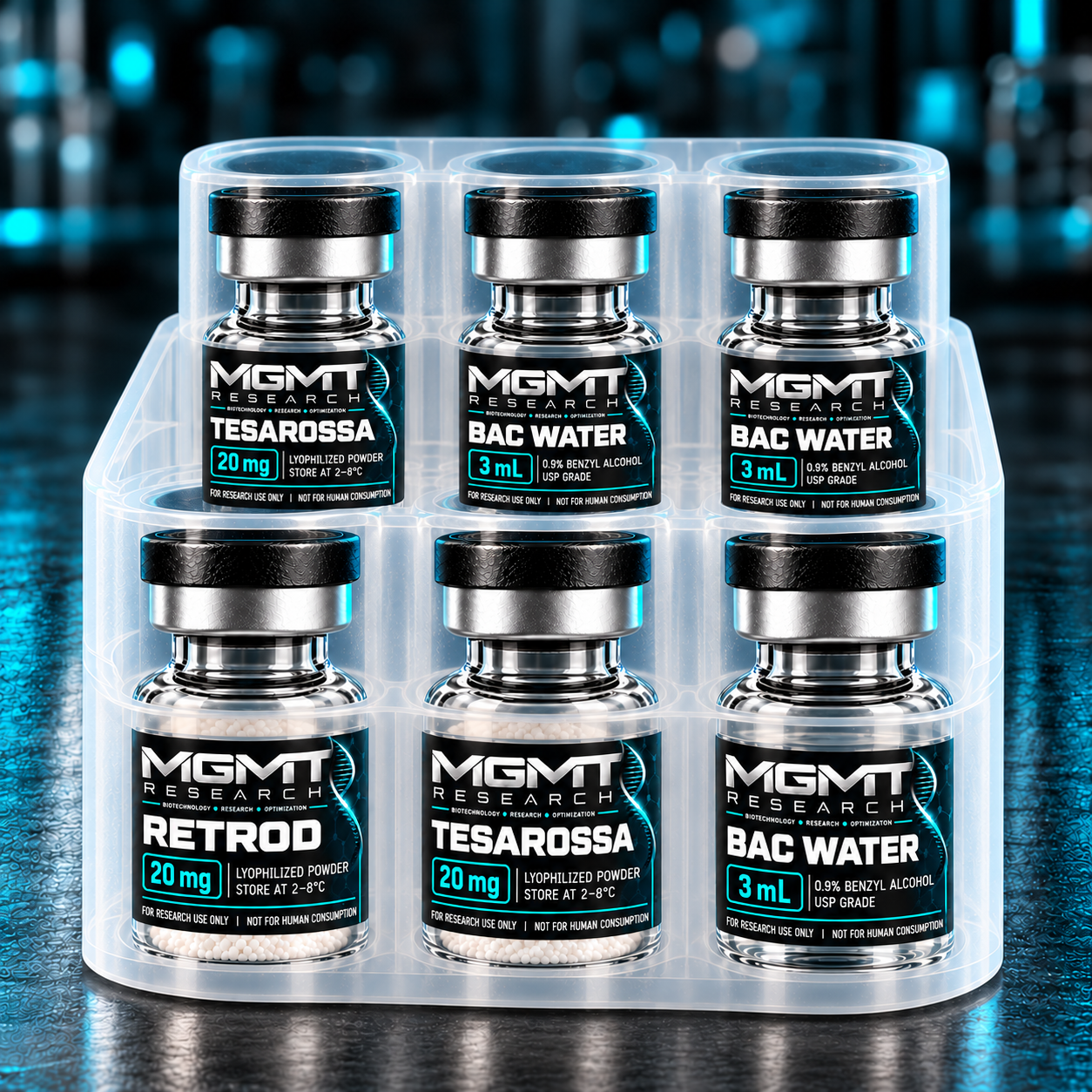 AFTERBURN bundle with six vials in one white six-slot holder; RETROD 20 mg, TESAROSSA 20 mg and BAC Water 3 mL visible across the front