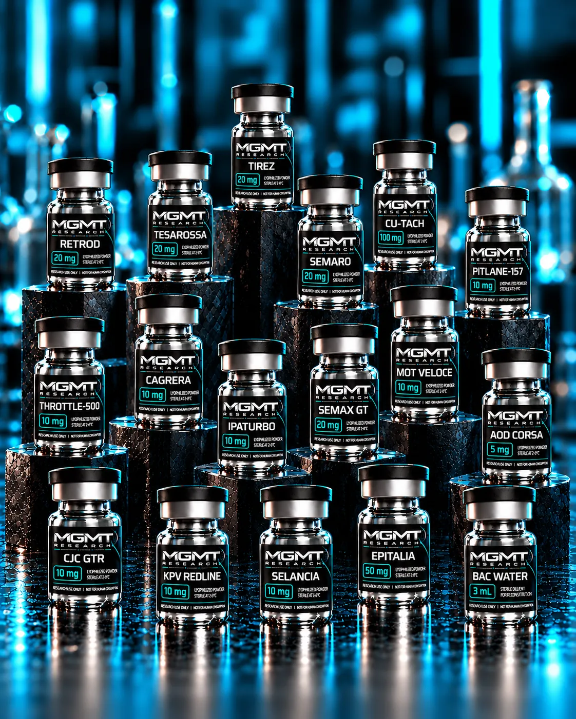 MGMT Research collection: seventeen vials in an organic staggered arrangement, one per compound at its highest listed strength plus BAC Water