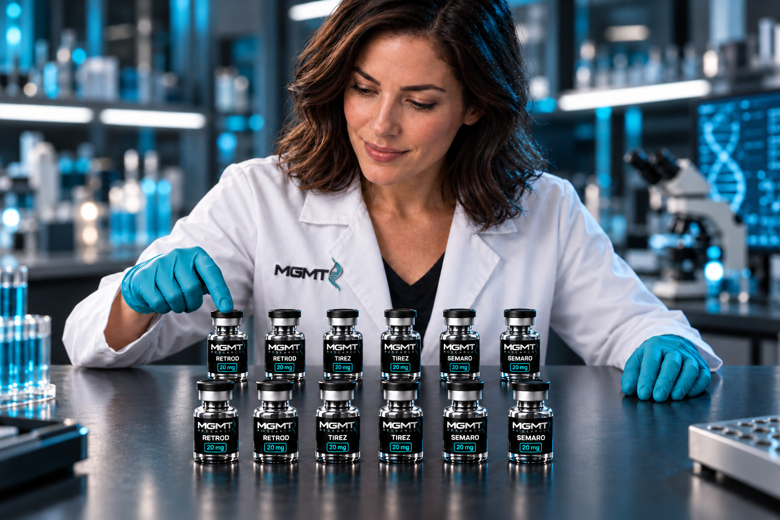 Brunette researcher in an MGMT Research lab coat comparing 12 MGMT-branded vials: four each of RETROD, TIREZ, and SEMARO on a laboratory desk, with a softly blurred lab background