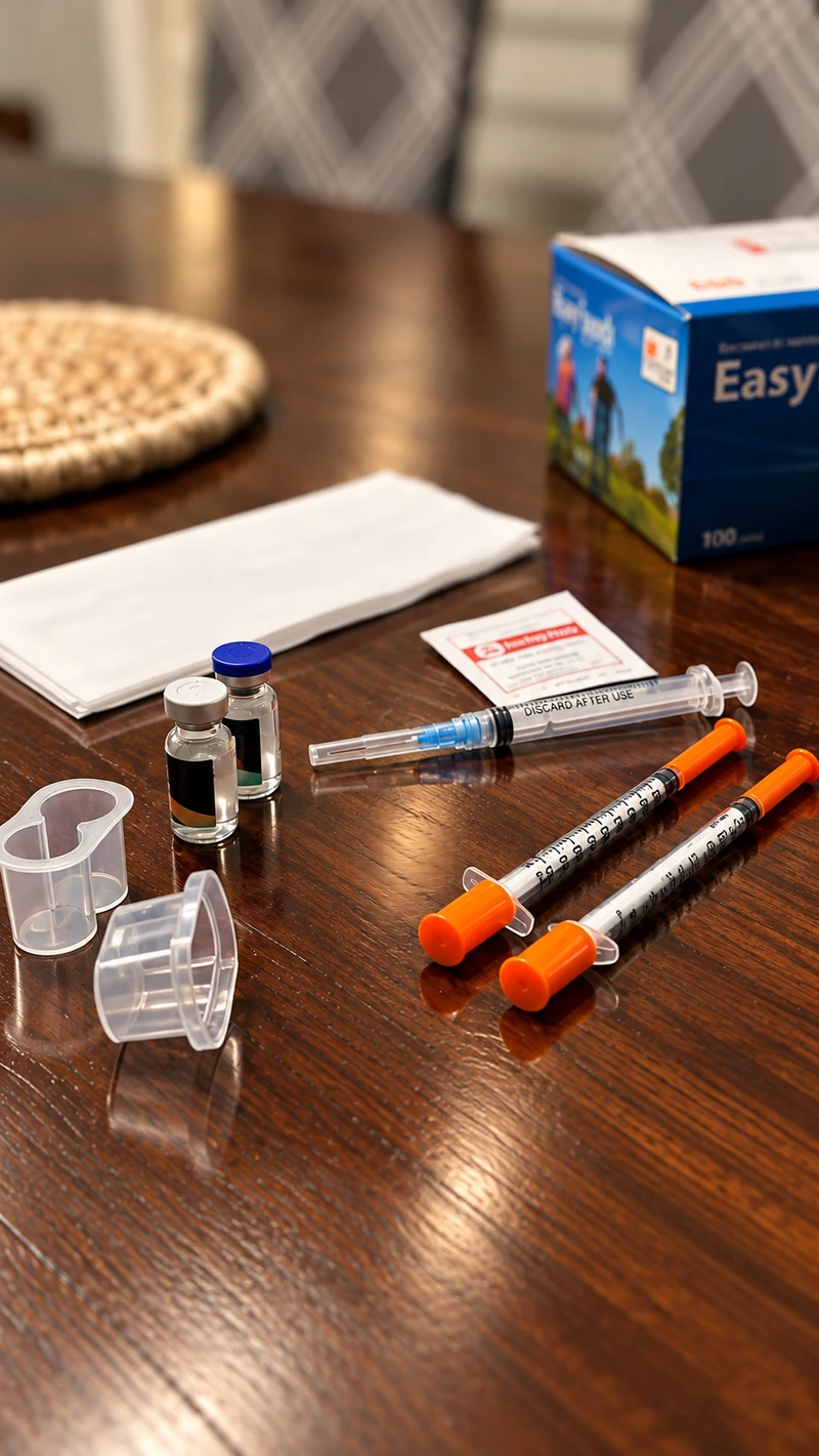 Research vials, laboratory supplies and vial holders arranged on a wooden table