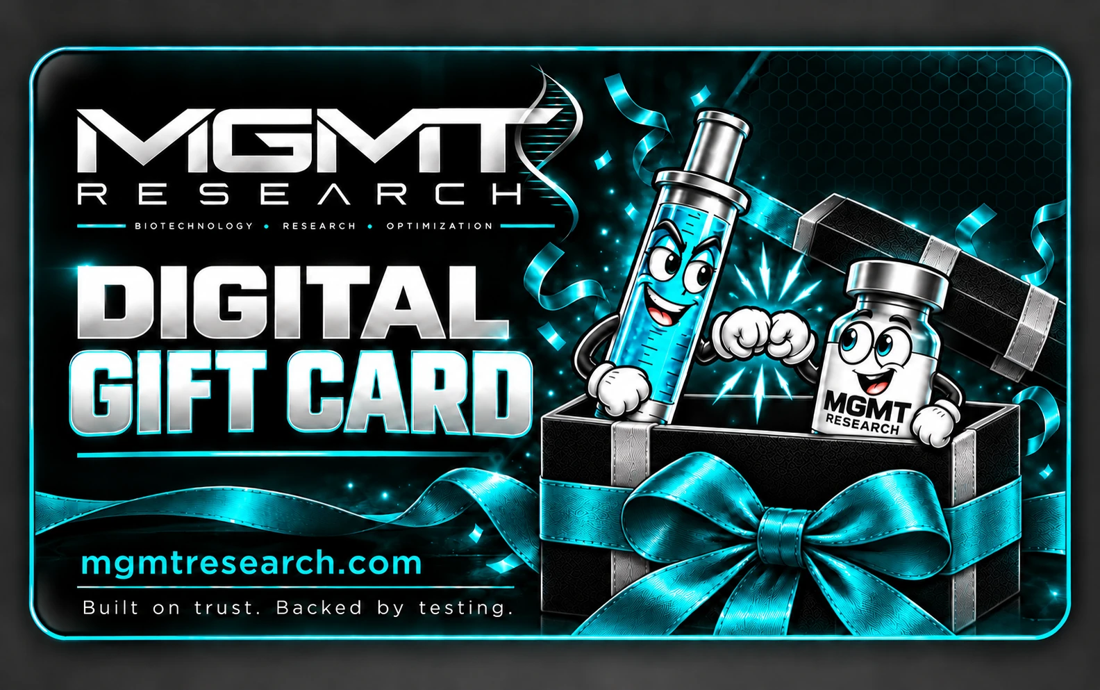 MGMT Research gift card with fist-bumping cartoon syringe and vial emerging from a black gift box with teal ribbon