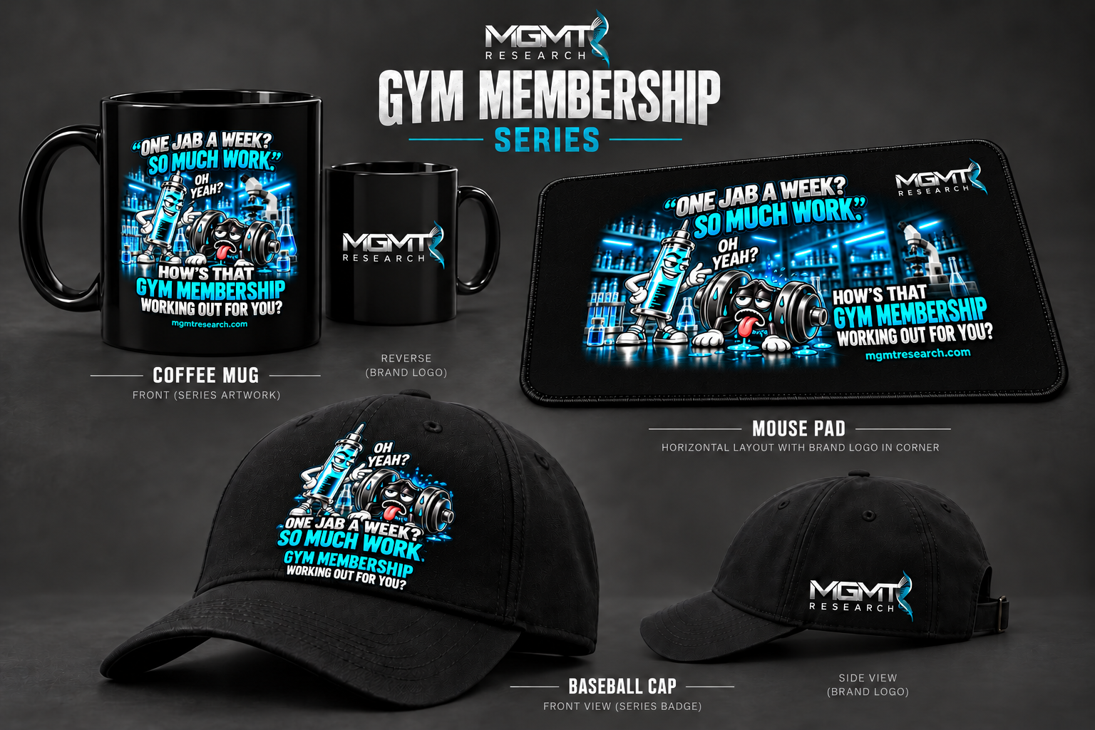 Gym Membership series coffee mug, mouse pad and baseball cap concept previews