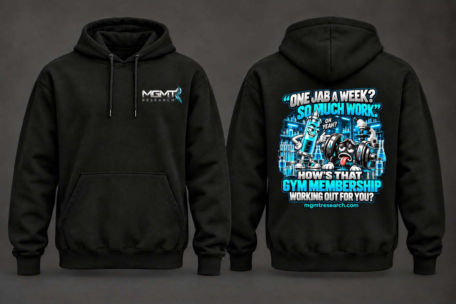 Front and back of the black MGMT Research Gym Membership hoodie