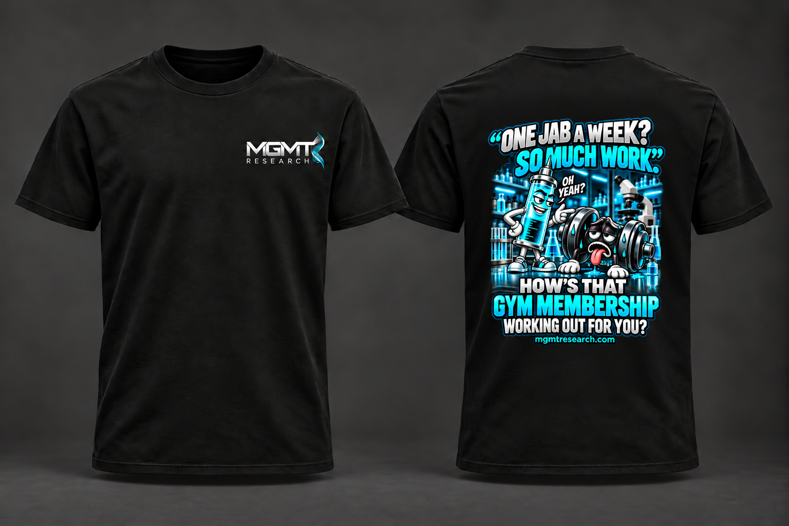 Front and back of the black MGMT Research Gym Membership tshirt