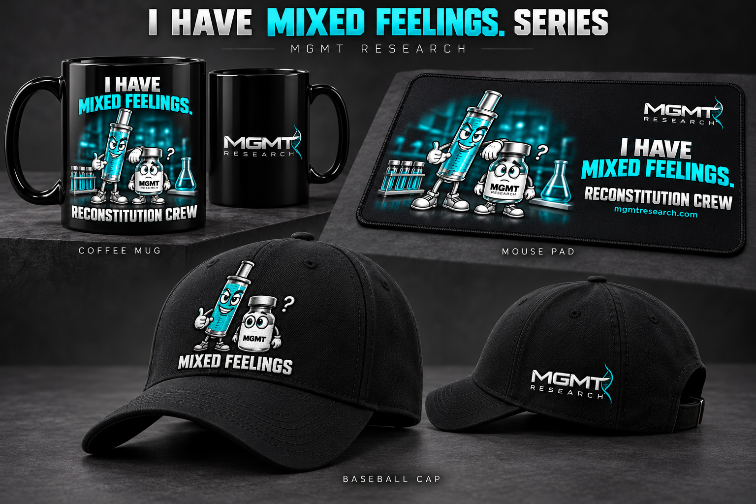I Have Mixed Feelings series coffee mug, mouse pad and baseball cap concept previews