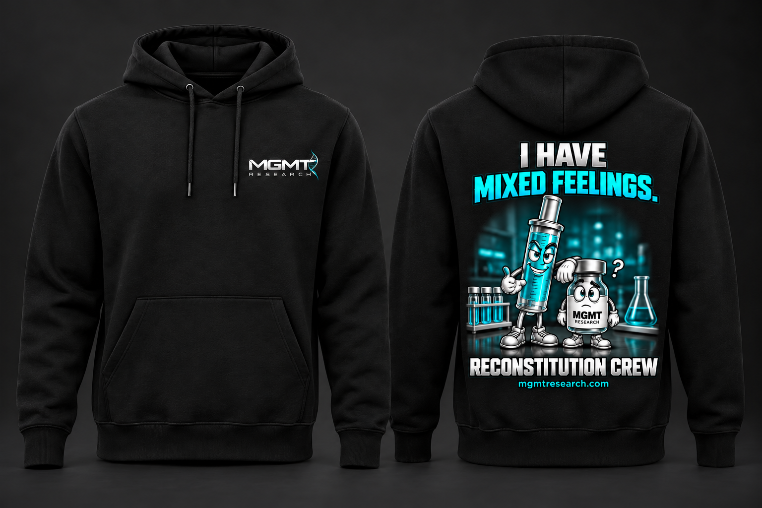 Front and back of the black MGMT Research I Have Mixed Feelings hoodie
