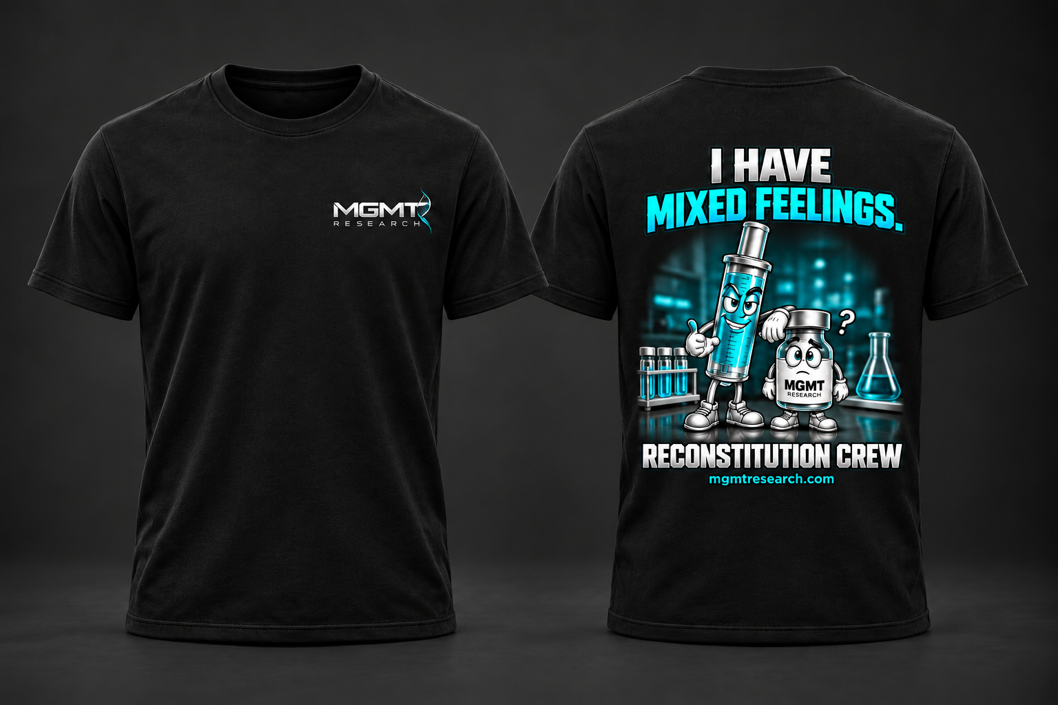 Front and back of the black MGMT Research I Have Mixed Feelings tshirt