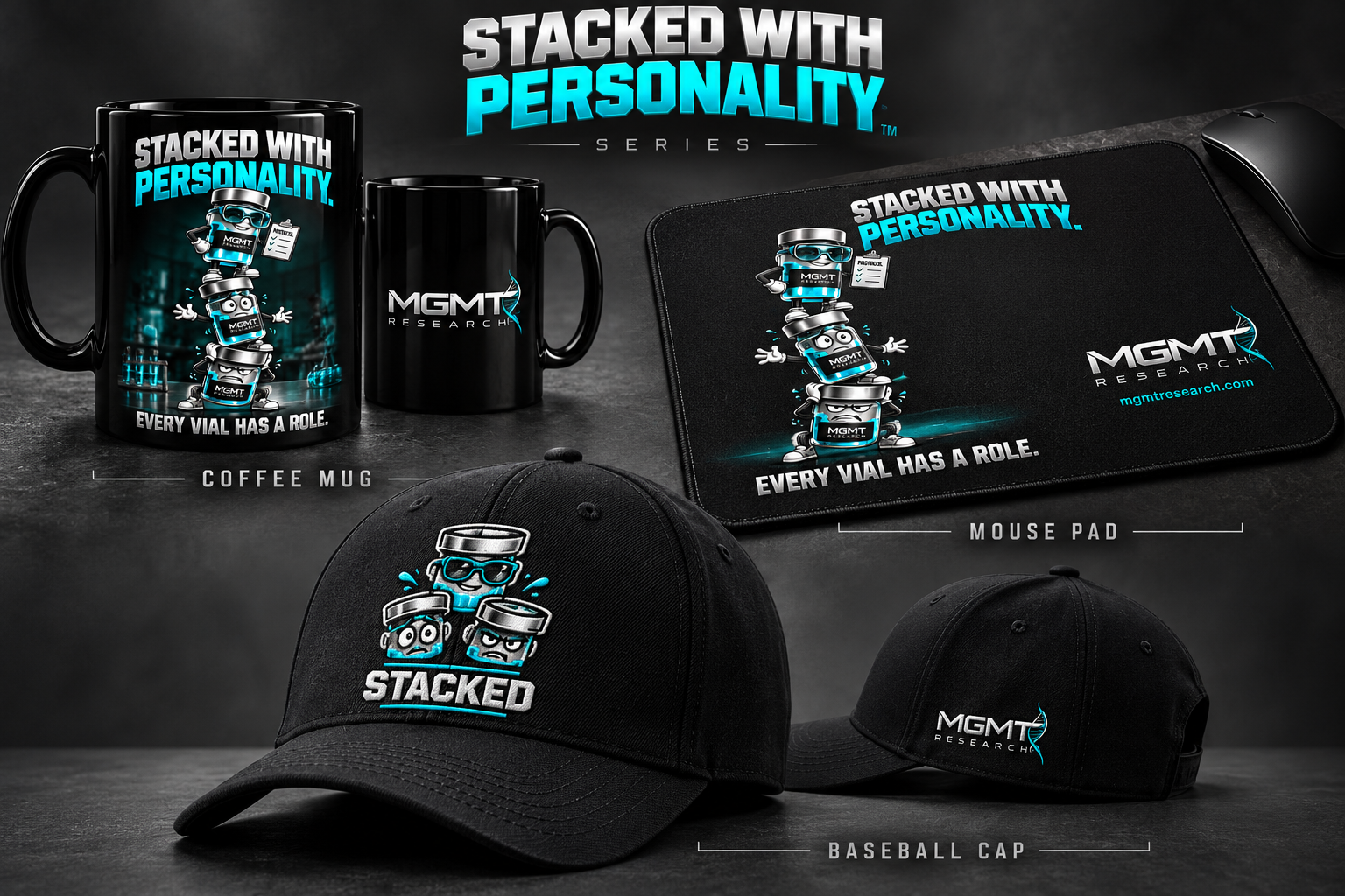Stacked with Personality series coffee mug, mouse pad and baseball cap concept previews