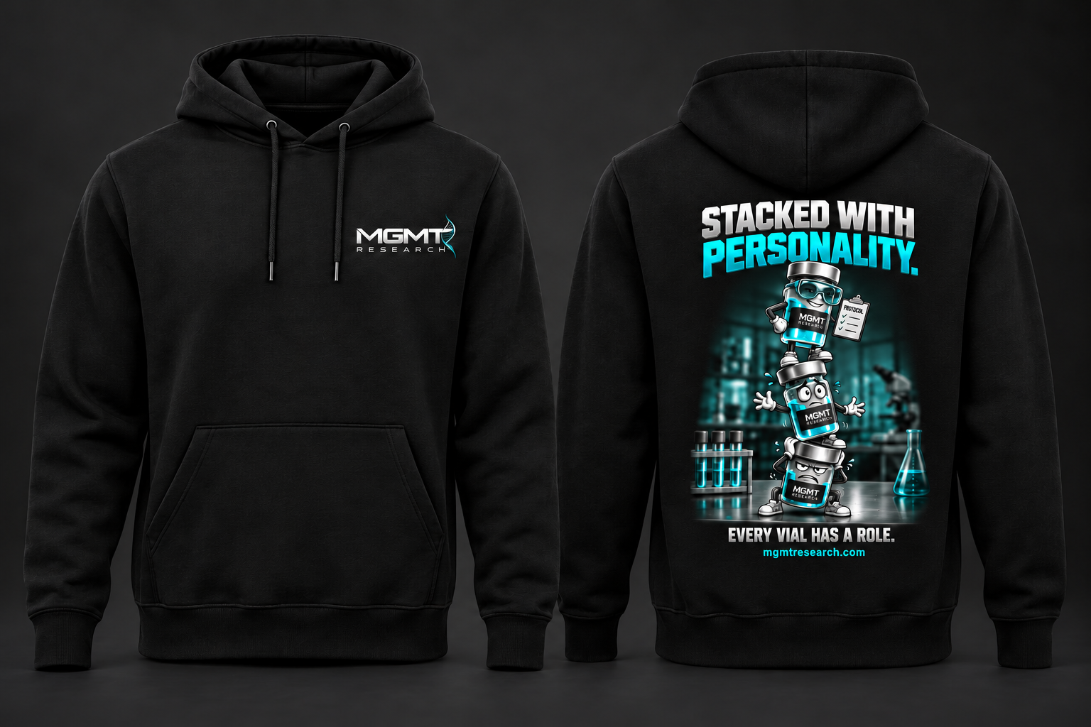 Front and back of the black MGMT Research Stacked with Personality hoodie