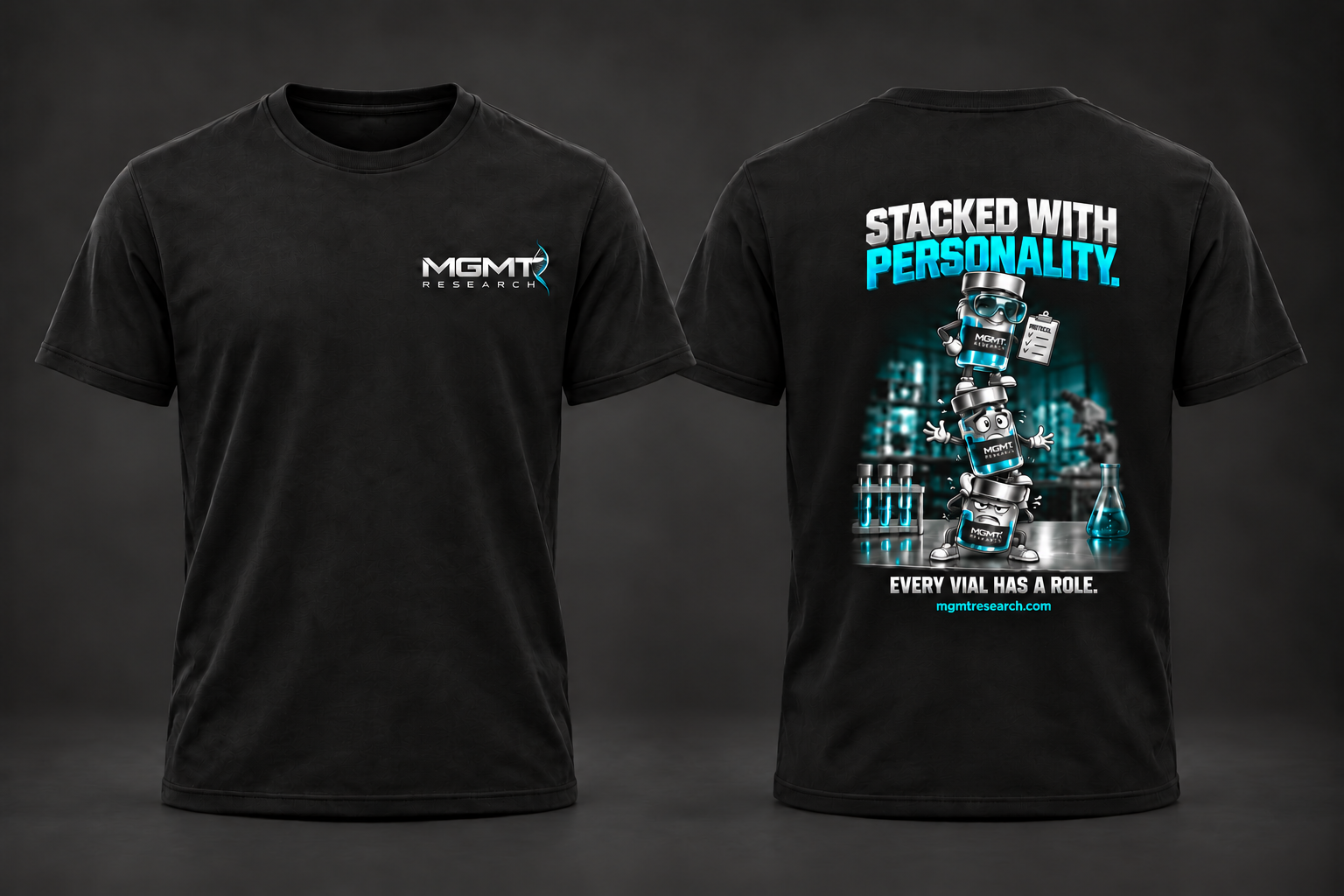 Front and back of the black MGMT Research Stacked with Personality tshirt