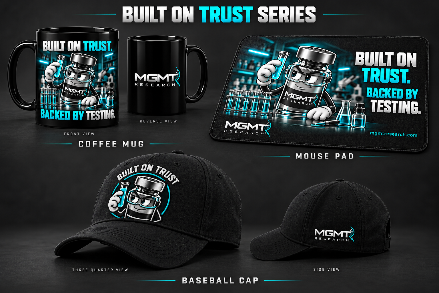 Built on Trust series coffee mug, mouse pad and baseball cap concept previews