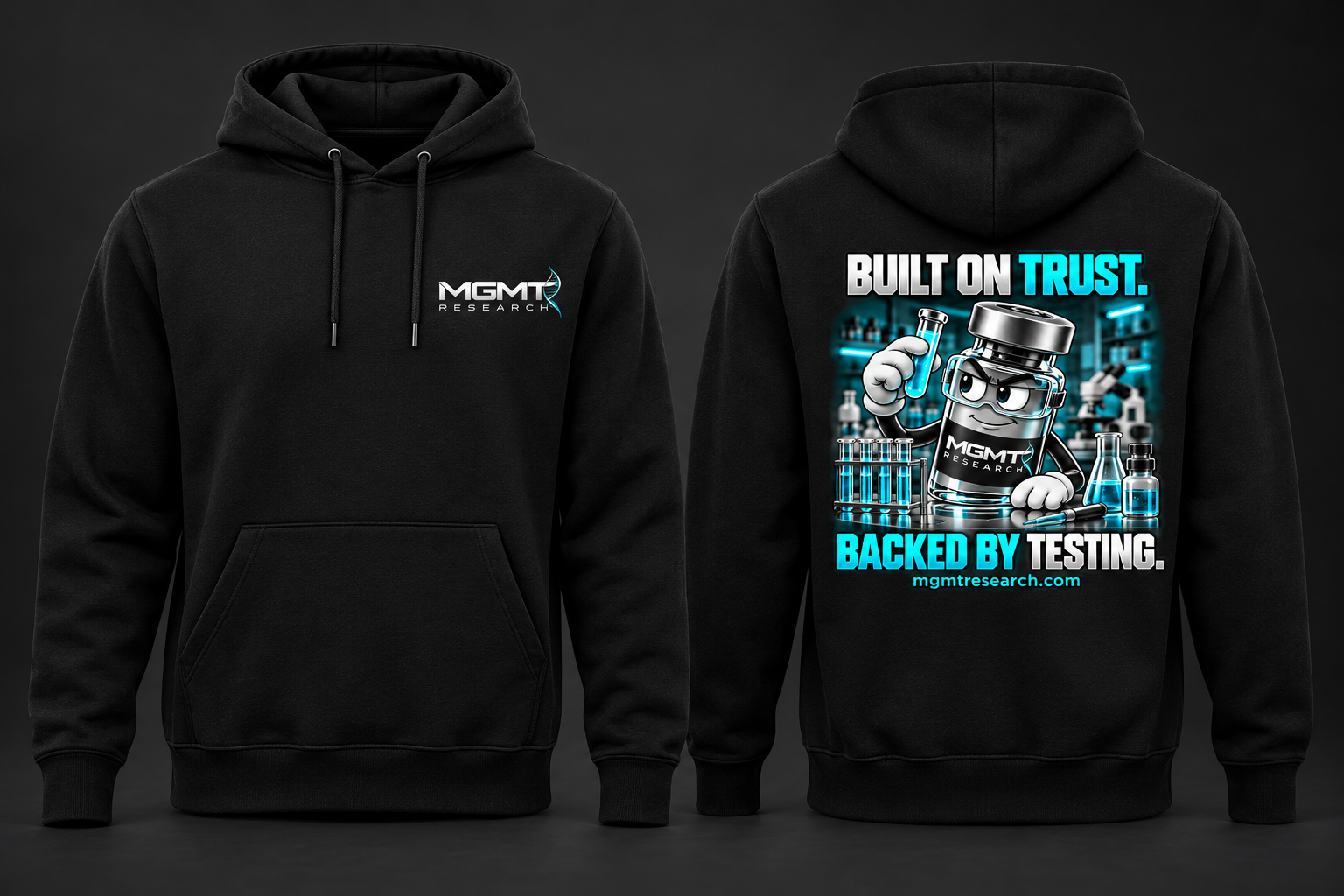 Front and back of the black MGMT Research Built on Trust hoodie
