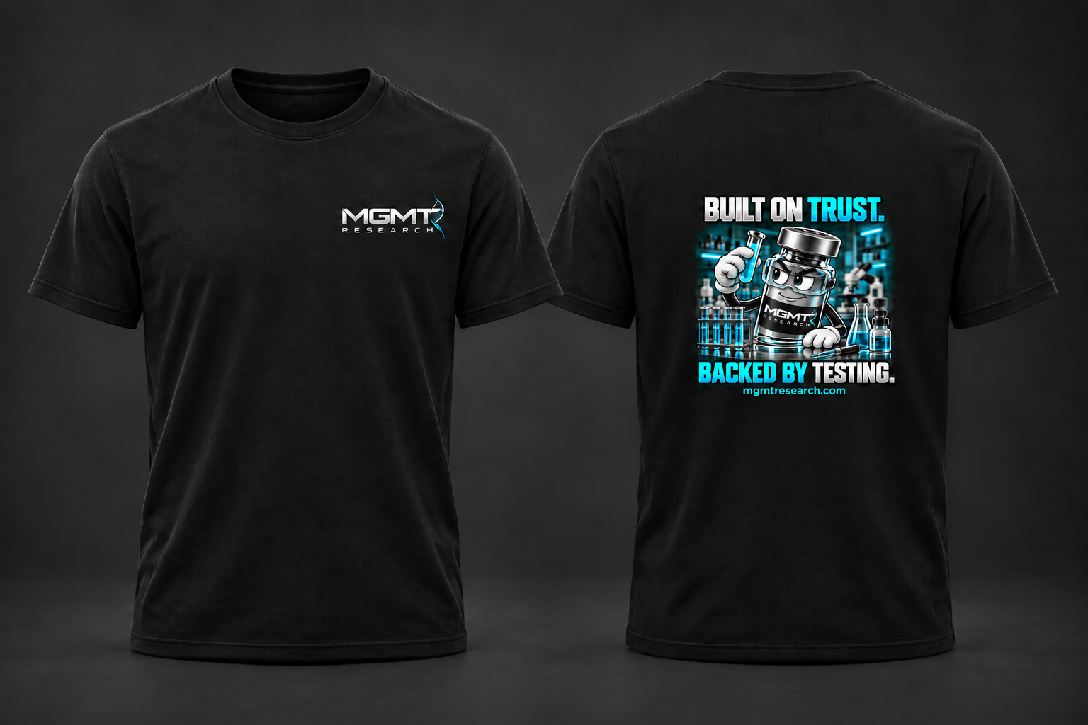 Front and back of the black MGMT Research Built on Trust T-shirt