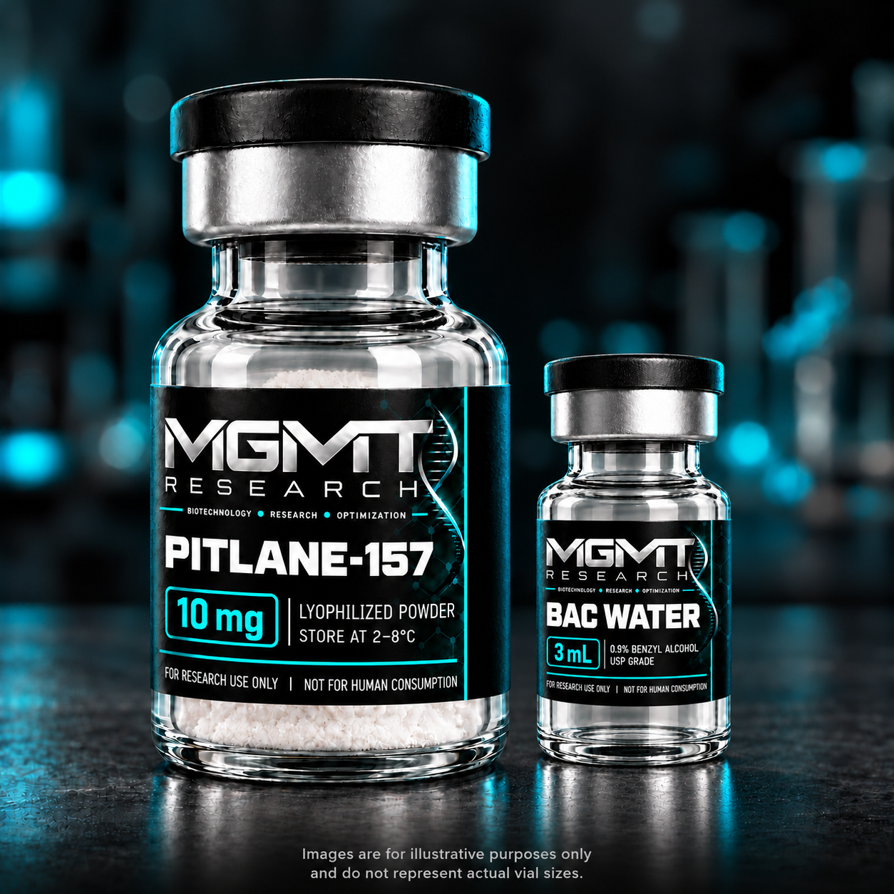MGMT Research PITLANE-157 10 mg BPC-157 vial with black, silver and teal label