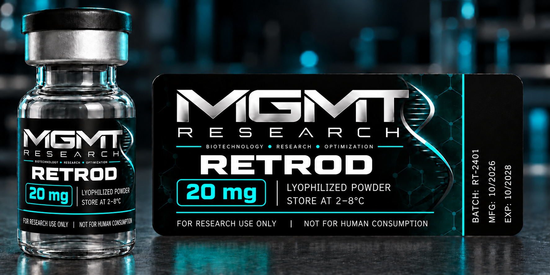 MGMT Research RETROD 20 mg vial and matching current label with LOT, MFG and EXP fields