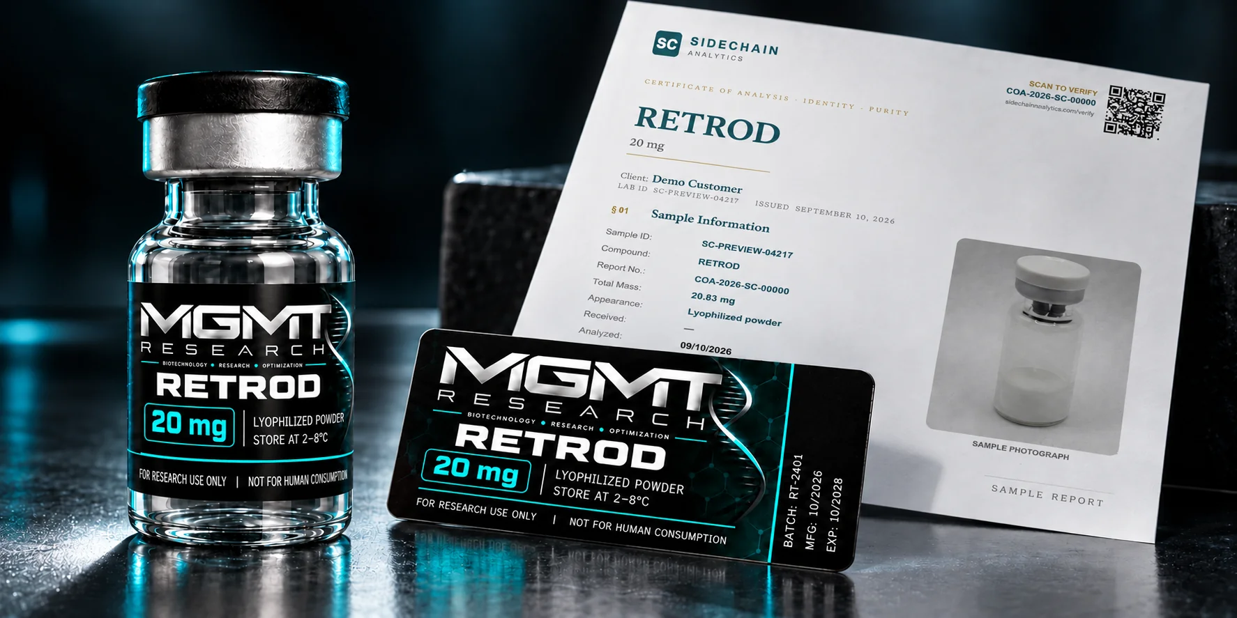 MGMT Research RETROD 20 mg vial and matching label beside an illustrative Sidechain sample report