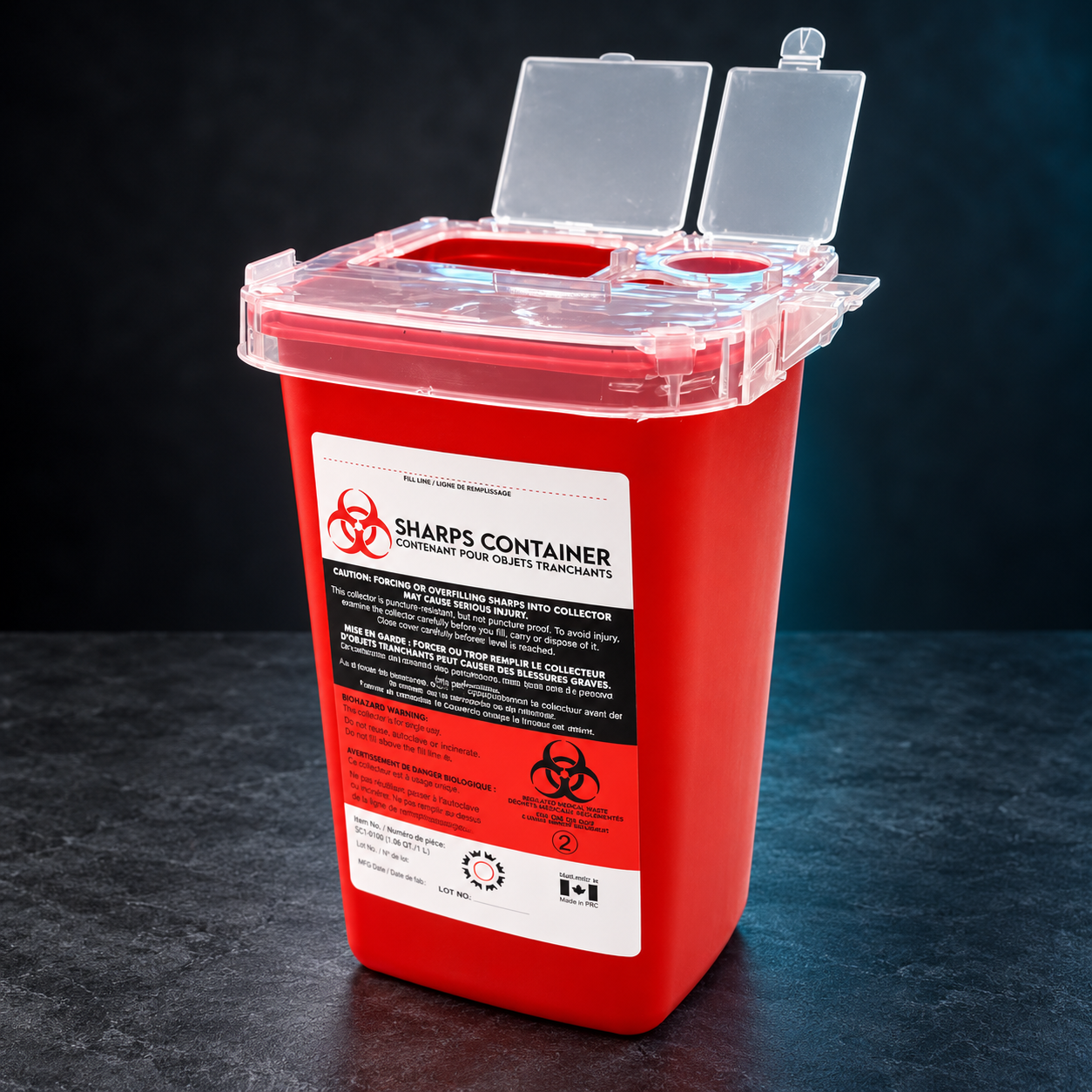Red Hildbrandt 1 L sharps container with original safety label