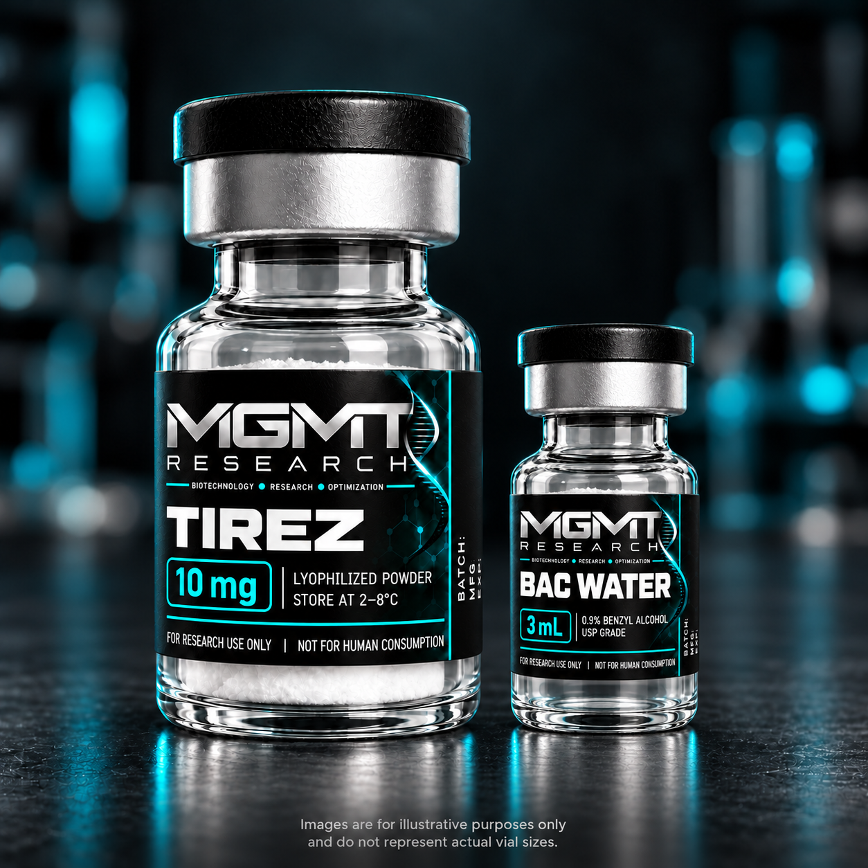 MGMT Research TIREZ 10 mg vial packaging concept