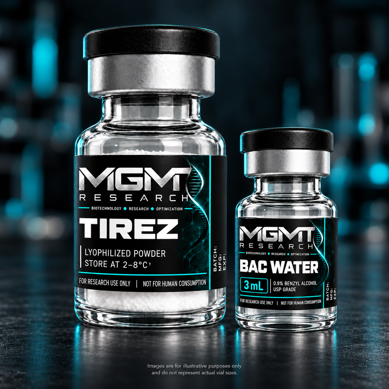 MGMT Research TIREZ vial without a strength displayed