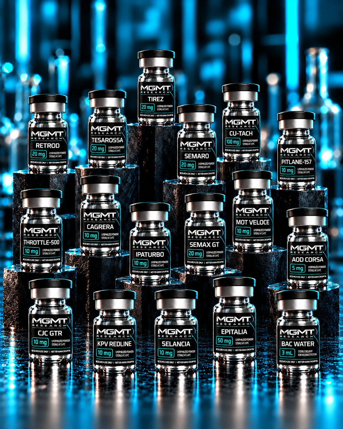 MGMT Research collection: seventeen vials in an organic staggered arrangement, one per compound at its highest listed strength plus BAC Water